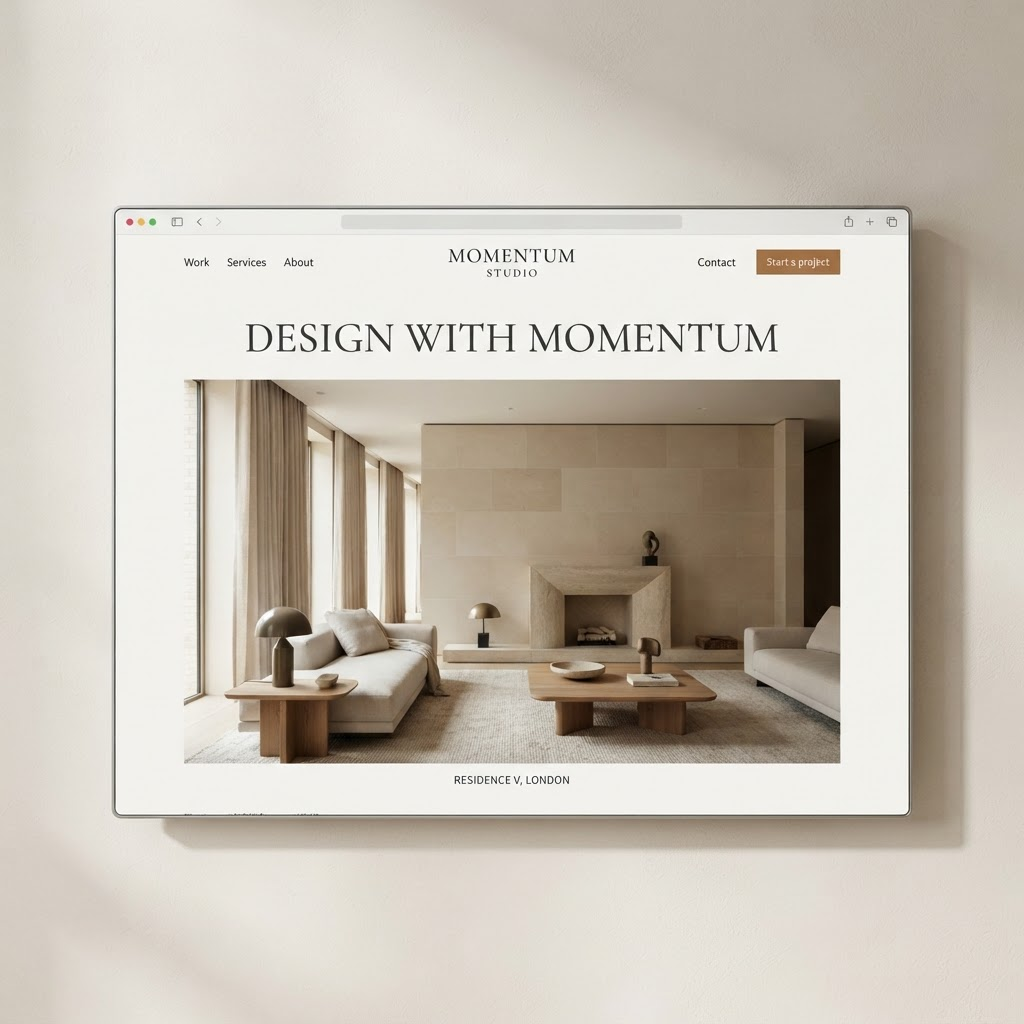 A premium website design created by Momentum Studio shown in an elegant browser frame